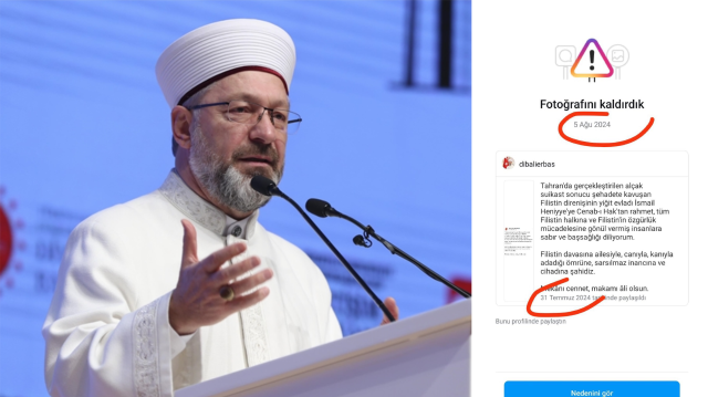 Instagram, Diyanet İşleri Erbaş'ın paylaşımına 5 gün sonra sansür uyguladı.