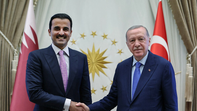 Cette photo prise et diffusée par le service de presse présidentiel turc le 8 août 2024 montre le président turc Recep Tayyip Erdogan (à droite) serrant la main de l'émir du Qatar Cheikh Tamim bin Hamad al-Thani (à gauche) lors d'une réunion au complexe présidentiel d'Ankara.