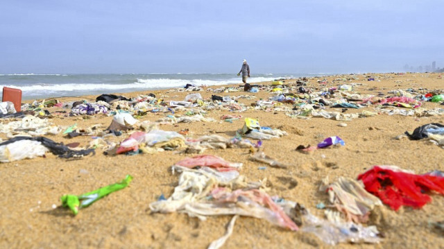 Opération de nettoyage de plage, à Mount Lavinia, en périphérie de la capitale srilankaise Colombo, le 8 juin 2020.