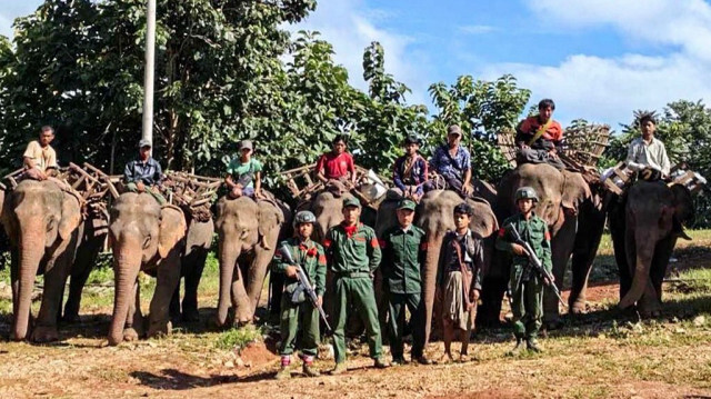 Les membres de l'Armée populaire de libération du Parti communiste de Birmanie posant pour des photos avec des éléphants et leurs cornacs dans le district de Thabeikkyin, dans la région de Mandalay, le 3 septembre 2024.