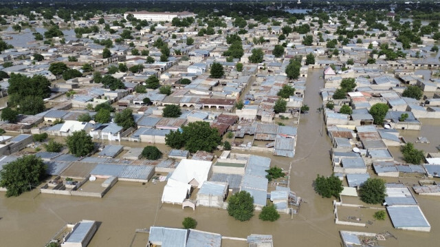 Cette vue aérienne montre des maisons submergées par les eaux à Maiduguri, au Nigéria, le 10 septembre 2024. 