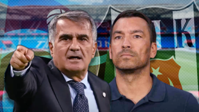 Trabzonspor Teknik Direktörü Şenol Güneş (solda), Beşiktaş Teknik Direktörü Giovanni van Bronckhorst (sağda)