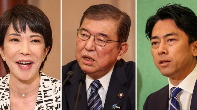 Le ministre de la sécurité économique Sanae Takaichi, l'ancien ministre de la défense Shigeru Ishiba et l'ancien ministre de l'environnement Shinjiro Koizumi, trois des neuf candidats à l'élection présidentielle du Parti libéral démocrate (PLD) au pouvoir au Japon, lors d'un débat au club Nixon Kisha à Tokyo, le 14 septembre 2024.