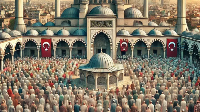 Cuma günü bir cami önünde toplanan Müslümanların ibadet hazırlığını yansıtıyor. 