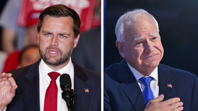 Le sénateur républicain de l'Ohio, colistier de Donald Trump, J.D. Vance (G) et le gouverneur démocrate du Minnesota, colistier de Kamala Harris, Tim Walz.