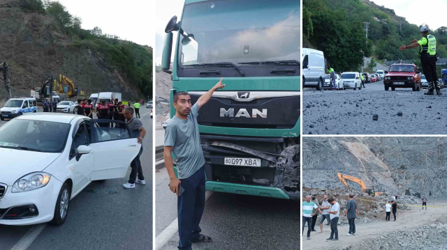 Samsun'da taş ocağındaki patlama nedeniyle karayoluna kaya parçaları savruldu.