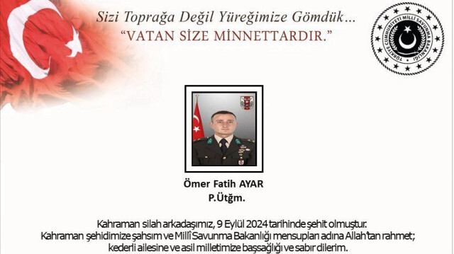 Annonce de la mort du soldat turc tué en Irak le 9 septembre 2024, Omer Fatih Ayar.