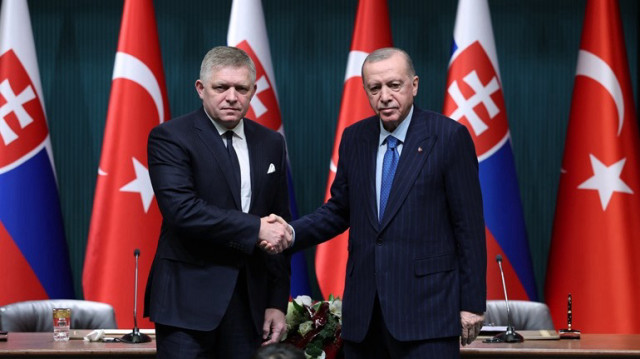 Le Président turc, Recep Tayyip Erdogan (D) et le Premier ministre slovaque Robert Fico (G) lors d'une réunion dans le complexe présidentiel d'Ankara en Turkiye, le 20 janvier 2025.