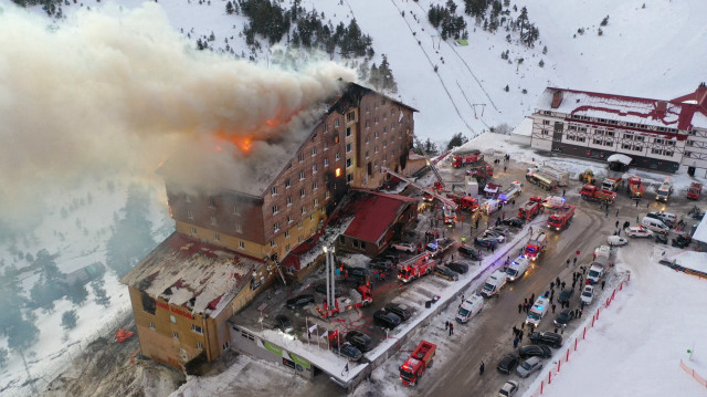 An aerial view of the area as fire brigades responding to a fire that broke out in a hotel in Bolu Kartalkaya Ski Center, on January 21, 2025 in Bolu, Turkiye.