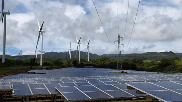 Panneaux solaires et éoliennes de TotalEnergies au parc éolien de La Perrière à Sainte-Suzanne sur l'île française d'outre-mer de la Réunion, le 22 janvier 2025.