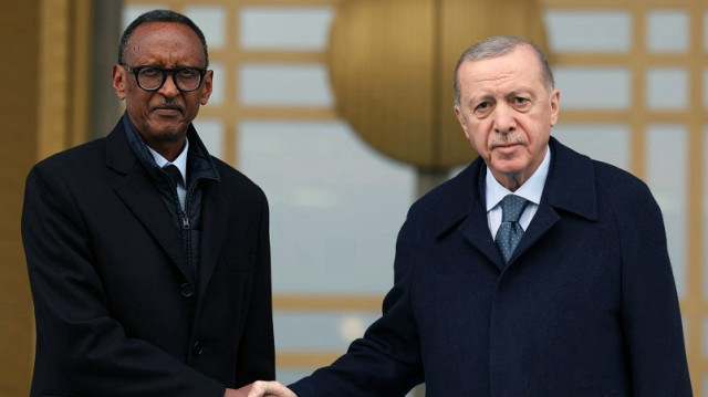 Turkish President Recep Tayyip Erdogan (R) welcomes Rwandan President Paul Kagame (L) with an official ceremony at the Presidential Complex in Ankara, Türkiye on January 23, 2025.