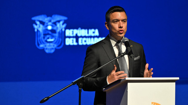 Le président équatorien Daniel Noboa prononçant un discours lors de la cérémonie d'ouverture du XXIXe sommet ibéro-américain à Cuenca, en Équateur, le 14 novembre 2024.