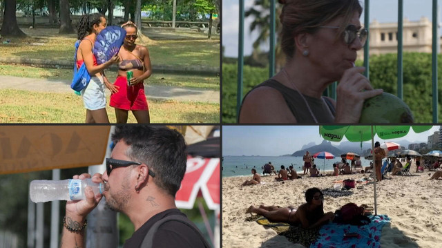 Images de personnes se rafraîchissant avec de l'eau, des noix de coco fraîches et se mettant à l'ombre pendant les vagues de chaleur au Brésil en 2024. Le Brésil a connu en 2024 son année la plus chaude jamais enregistrée, après une période de sécheresse et d'inondations record dans ce pays d'Amérique du Sud que les experts attribuent au réchauffement climatique. 