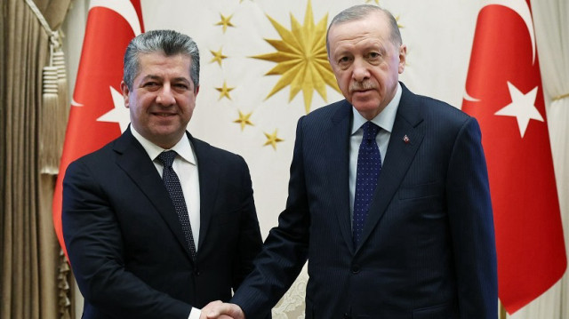 Turkish President Recep Tayyip Erdogan (R) meets Iraqi Kurdish Regional Government (IKRG) Prime Minister Masrour Barzani (L) at the presidential complex on January 7, 2025 in Ankara, Türkiye.