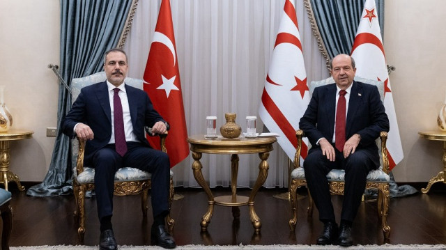 Turkish Northern Cyprus (TRNC) President Ersin Tatar (R) meets Turkish Foreign Minister Hakan Fidan (L) in Lefkosia, Turkish Republic of Northern Cyprus on January 8, 2025.