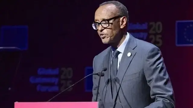 Le Président rwandais Paul Kagamé, au forum du Global Gateway, à Bruxelles, en Belgique, le 9 octobre 2025.