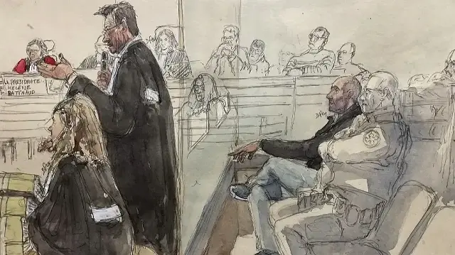 Ce croquis judiciaire réalisé le 23 septembre 2025 montre Cédric Jubillar et ses avocats Alexandre Martin (C) et Emmanuelle Franck dans la salle d'audience de la cour d'assises du Tarn à Albi, lors d'une audience de son procès pour le meurtre de sa femme Delphine Jubillar. 