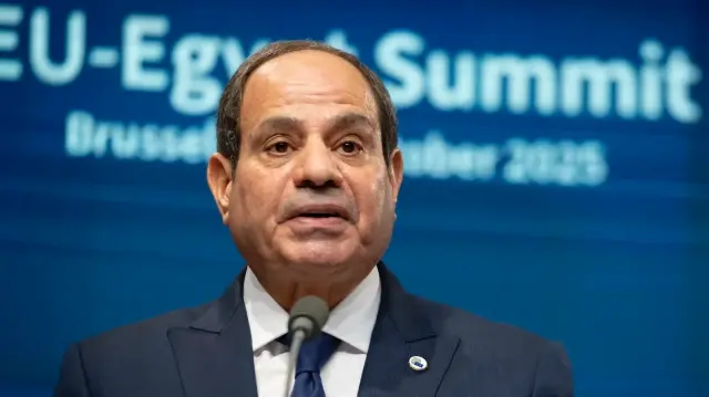 Le president egyptien Abdel Fattah al-Sissi, a tenu une conference de presse suite aux accords entre l'Union europeenne et l'Egypte, a Bruxelles, le 22 octobre 2025.