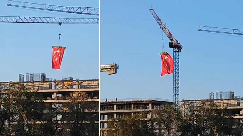 29 Ekim Cumhuriyet Bayramı dolayısıyla Türk bayrakları ile donatılan kentte vinç operatörünün çalışması da ilgi çekti.