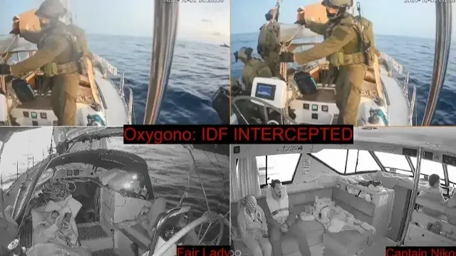 Cette capture vidéo, extraite d’une diffusion en direct le 2 octobre 2025 par la Flottille Mondiale Sumud, montre des soldats de la marine israélienne (en haut) abordant le navire « Oxygono », l’un des bateaux de la flottille visant à briser le blocus israélien de la bande de Gaza.
