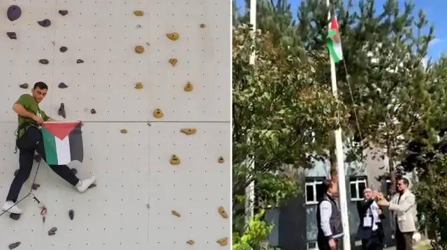 Öğrenciler, Filistin bayraklarıyla tırmanma duvarına tırmanış gerçekleştirdi.