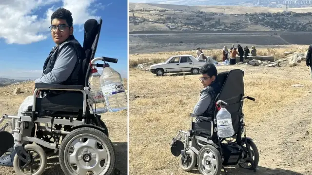 Haydar Berk Yeşilyurt - Engelli haliyle -annesine yardım etmek için, engelli arabasıyla su taşıyor.