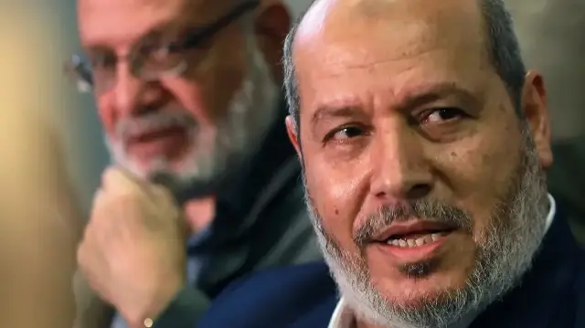 Khalil al-Hayya, chef des relations arabes du Hamas, tient une conférence de presse lors d'une visite à Damas, capitale syrienne, le 19 octobre 2022.