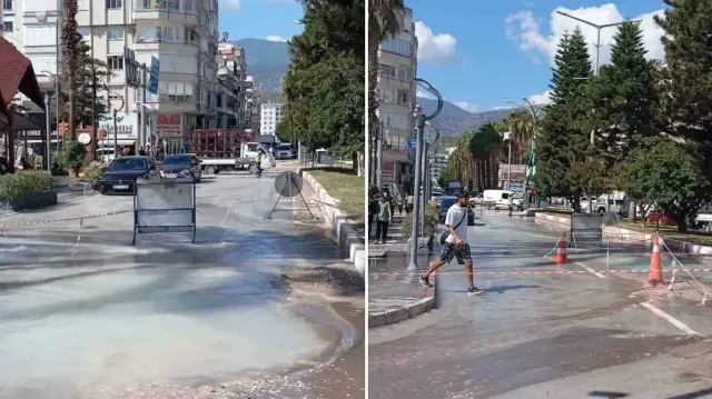 İçme suyu borusunun patlaması sonucu cadde akarsu yatağına döndü.