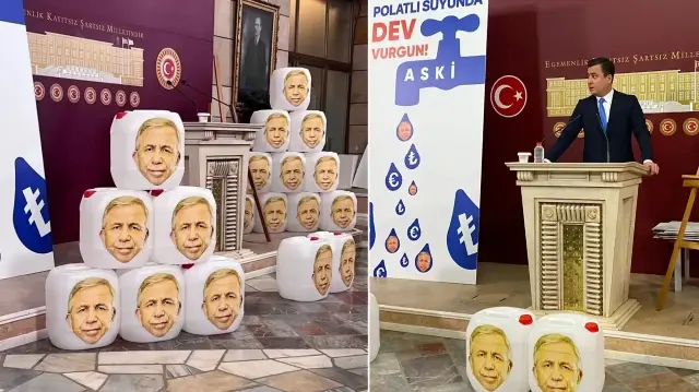 Mansur Yavaş'ın fotoğraflarının olduğu boş bidonlar