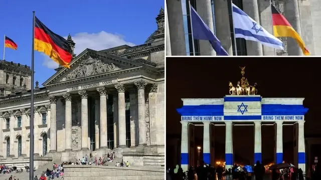 Almanya'da Brandenburg Kapısı'na İsrail bayrağı yansıtıldı.