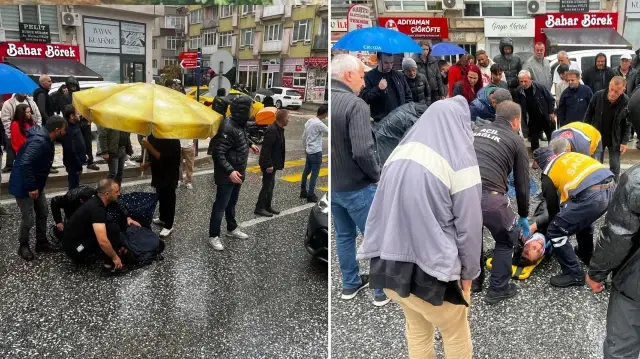 Esnaf, kazada yaralanan yaya ıslanmasın diye şemsiye açtı, üstüne mont örttü.