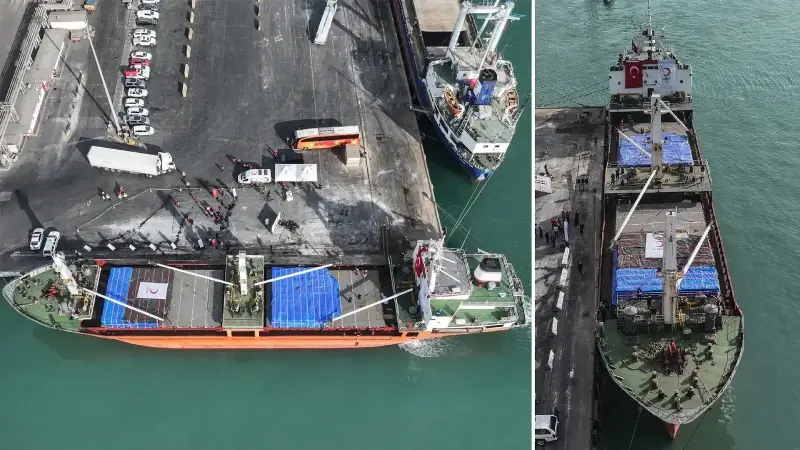 Türk Kızılayın Gazze'ye gönderilmek üzere hazırladığı, içerisinde yaklaşık 800 ton insani yardım malzemesi bulunan 18. "İyilik Gemisi", Mersin Uluslararası Limanı'ndan uğurlandı.