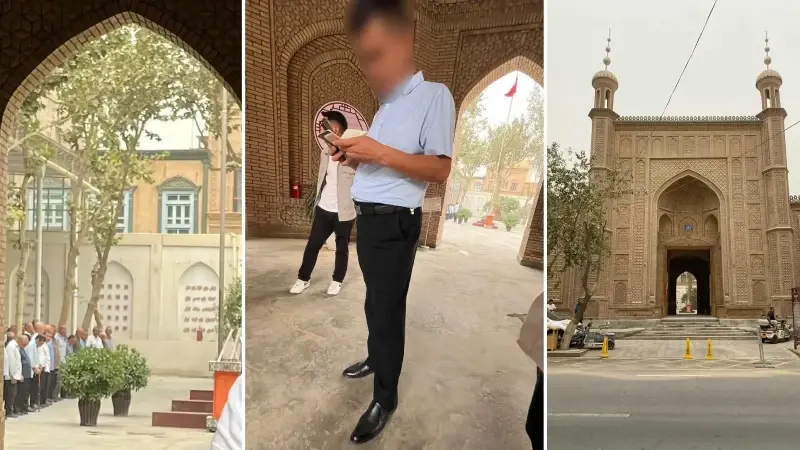 Hoten Cuma Camii’ne girişte bir görevli namaza gelenlerin kimlik bilgilerini kontrol ediyor.