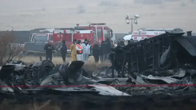 Сотрудники экстренных служб работают на месте крушения турецкого военного самолета C-130 в муниципалитете Сигнахи, Грузия, 12 ноября 2025 года.