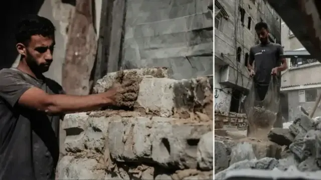 Palestinians rebuild homes using bricks salvaged from rubble in Gaza