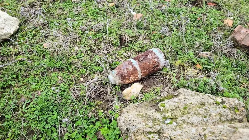 Mantar toplayan vatandaşlar tarafından bulunan patlamamış top mermisi.