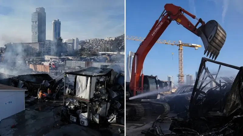 İzmir'de şantiyede çıkan yangında konteynerler zarar gördü