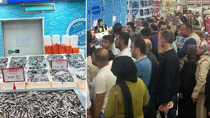 Piyasada kilosu 100, 150 liraya satılan hamsi ise 49 lira 90 kuruştan satışa sunuldu. İndirimi duyan vatandaşlar, markette uzun kuyruklar oluşturdu.