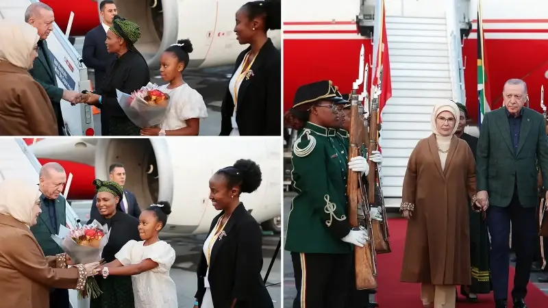 Cumhurbaşkanı Erdoğan ve eşi Emine Erdoğan, askeri tören ve çiçeklerle karşılandı.