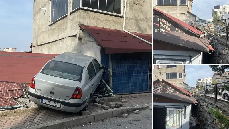 Park halindeki hafif ticari araca çarpan otomobil evin çatısına çıktı 