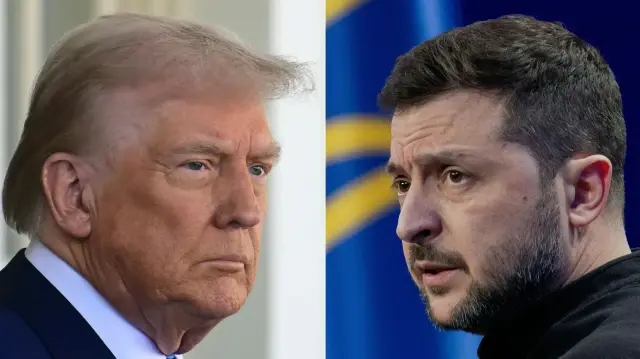 Cette combinaison d'images créée le 25 février 2025 montre le président américain Donald Trump (à gauche) le 24 février 2025 et le président ukrainien Volodymyr Zelensky (à droite) le 23 février 2025. L'Ukraine va entamer des pourparlers en Suisse avec les États-Unis sur les moyens de mettre fin à la guerre, a déclaré un négociateur ukrainien le 22 novembre 2025.