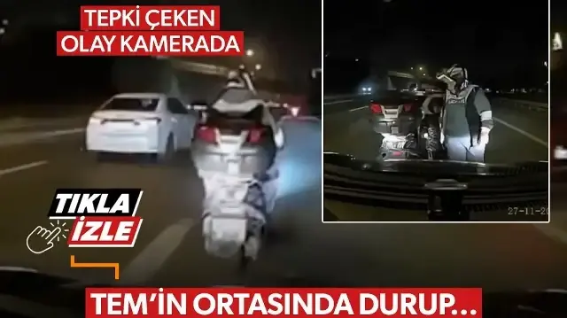 Hem kendini hem çocuğunu tehlikeye attı: TEM Otoyolu'nda akan trafiğin ortasında motosikletini durdurup sürücüyle tartışmaya başladı