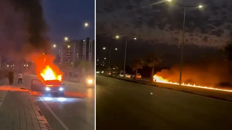 Adana'da seyir halindeki otomobil alev alev yandı
