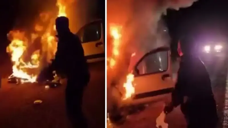 Gaziantep'te seyir halindeki araç yanarak küle döndü.