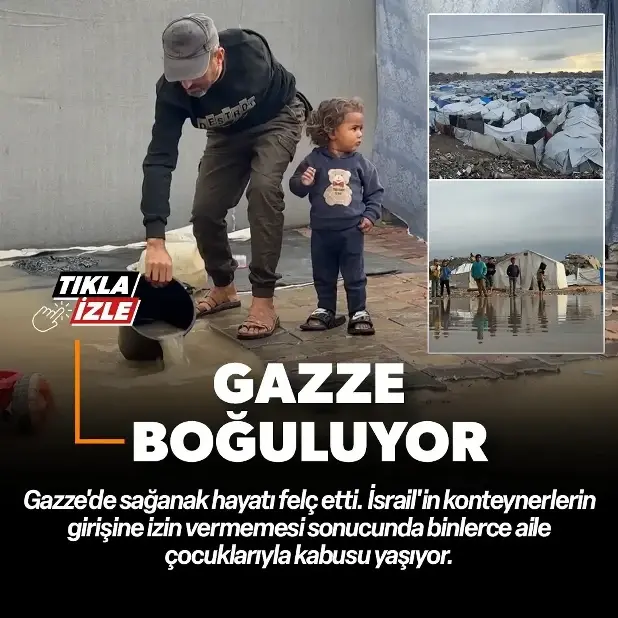 Şiddetli yağış Gazze'de binlerce Filistinli ailenin çadırını sular altında bıraktı