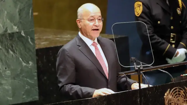 L'ancien Président irakien Barham Salih s'adresse à la 76e session de l'Assemblée générale des Nations unies (AGNU) au siège de l'ONU, le 23 septembre 2021 à New York. 