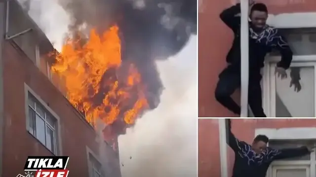  Sultangazi'de yangında can pazarı: Borulara tutunan adamın 3. kattan düştüğü anlar kamerada