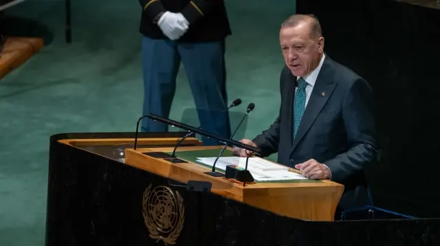 Le président turc Recep Tayyip Erdogan s'adresse à la 80e session de l'Assemblée générale des Nations unies au siège de l'ONU à New York, le 23 septembre 2025.