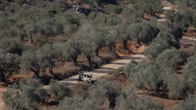 Un véhicule calciné gît sur un chemin de terre parmi les oliviers du village de Baita, au sud de Naplouse, en Cisjordanie occupée, le 1er novembre 2025.
