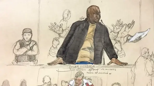 Ce croquis réalisé le 12 novembre 2025 montre l'ancien chef rebelle congolais Roger Lumbala lors de son procès devant la cour d'assises de Paris.